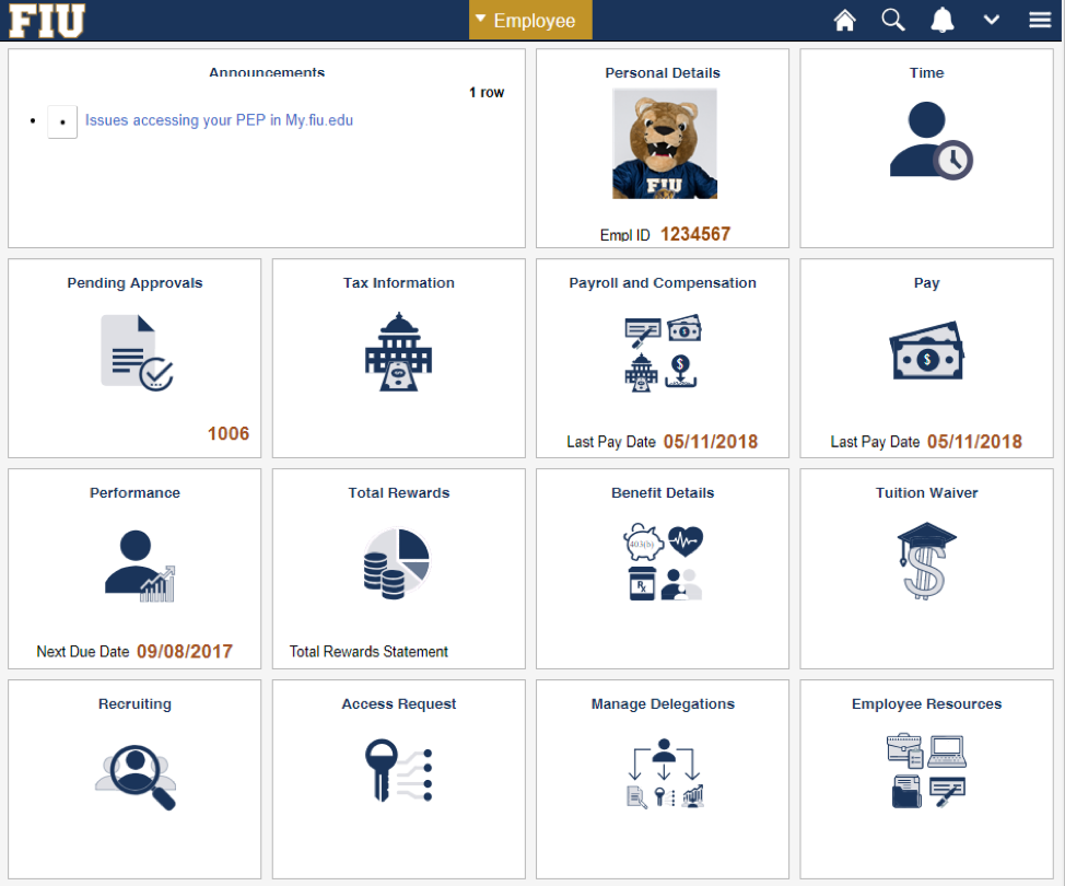 Image of Employee Main Page in PantherSoft