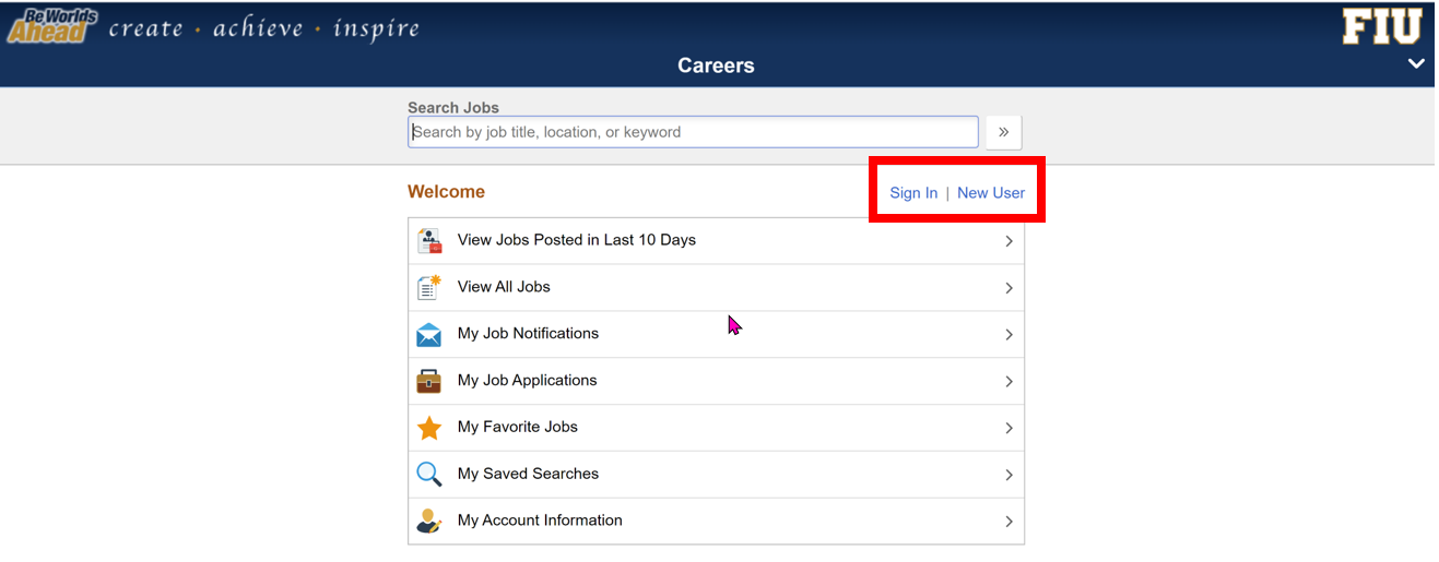 Sign in / New User Careers page