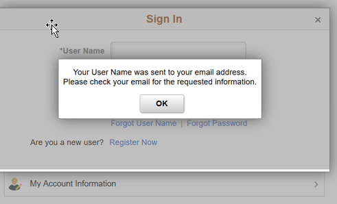 Message of Username sent to email address